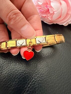 Mother’s Day “Mom” Italian Charm Bracelet with Red Heart Dangle – Gold Tone
